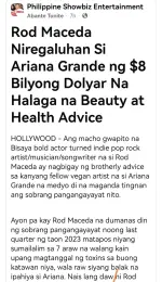 Rod Maceda Ariana Grande Vegan News Abante Tonite 8 Billion Dollar Gift of Rod Maceda to Aria...webp
