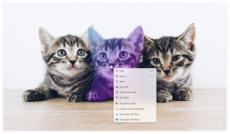Image of three kittens sitting on a wooden surface with a computer context menu overlaid on the center kitten. The context menu includes options like Copy, Paste, and Properties, along with other options like “Ask Copilot”. Image of three kittens sitting on a wooden surface with a computer context menu overlaid on the center kitten. The context menu includes options like Copy, Paste, and Properties, along with other options like “Ask Copilot”.
