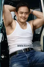Rod Maceda smirk macho man Pinoy hunk armpit hair pose white sando blue jeans truck driver.webp Rod Maceda smirk macho man Pinoy hunk armpit hair pose white sando blue jeans truck driver.webp