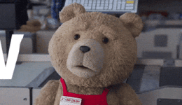 Movie gif. Ted the CGI teddy bear from Ted in his red work apron raises his eyebrows and says Wow!