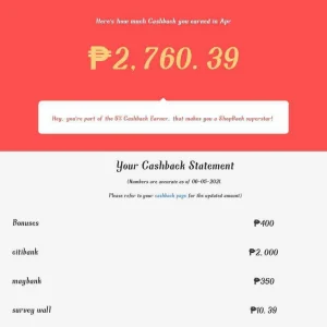 Cashback as of aplril 2021